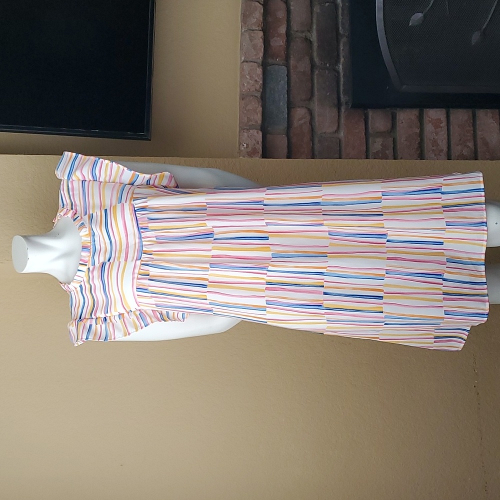 ÉGS CALIFORNIA Striped Watercolor Ruffle Trim Shift Dress SIZE: S